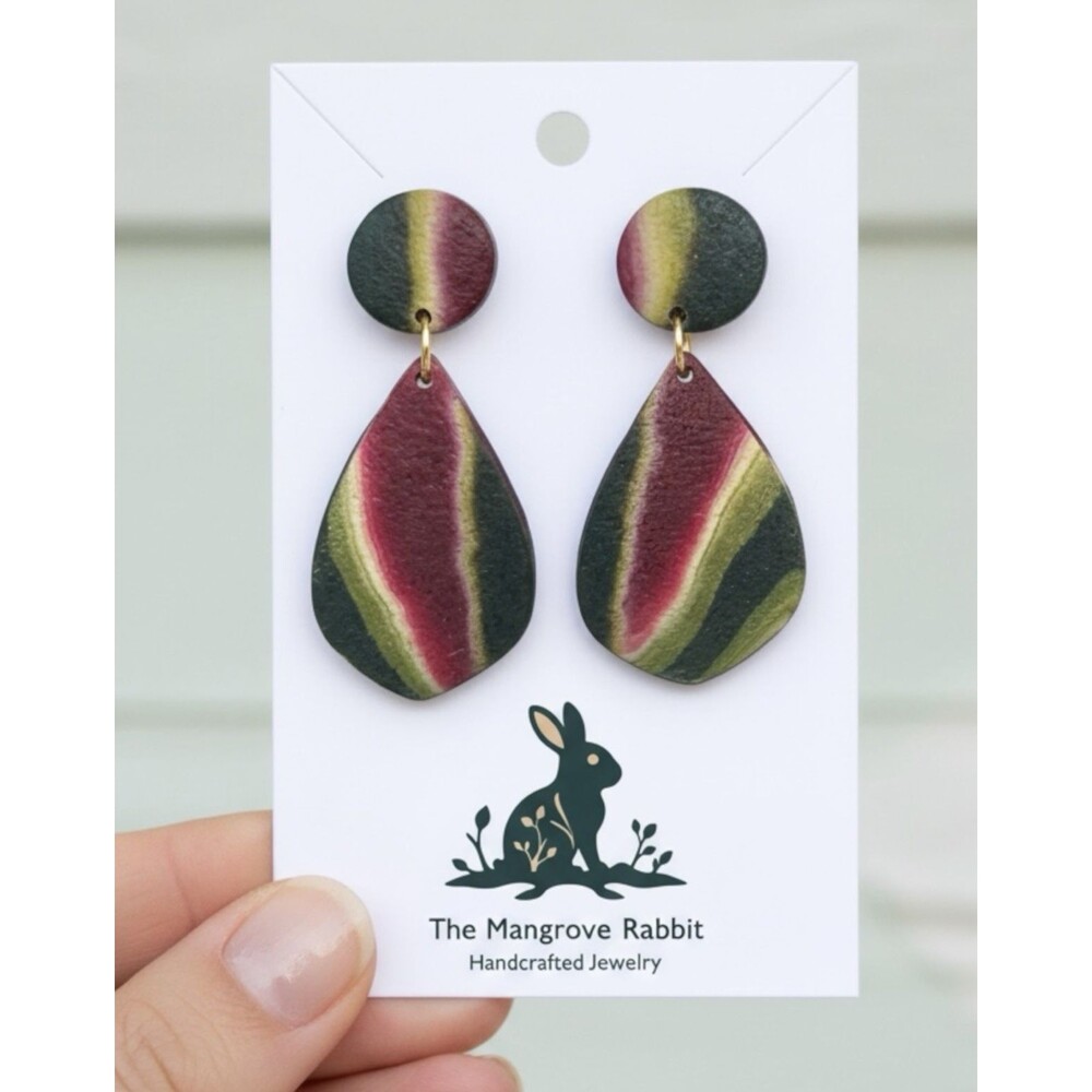 Crimson Ecru Green Swirl Large Handmade Polymer Clay Dangle Earrings w SS Posts